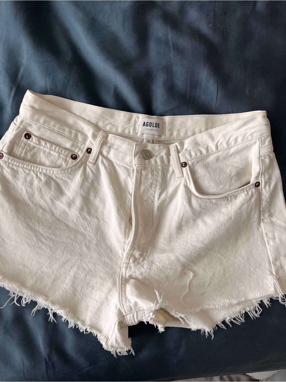 Agolde Off-White Frayed Hem Denim Shorts